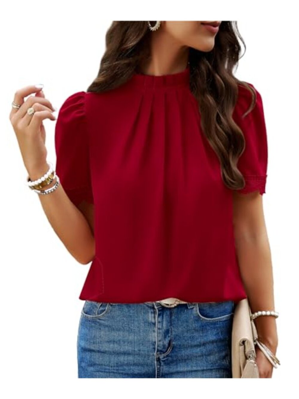Womens Mock Neck Puff Short Sleeve Lace Trim Blouse Keyhole Back